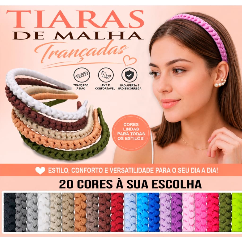 Kit 5, 3 ou 2 Tiara de Cabelo Trançada com Fio de Malha Arquinho Diadema Adulto e infantil 20 Cores