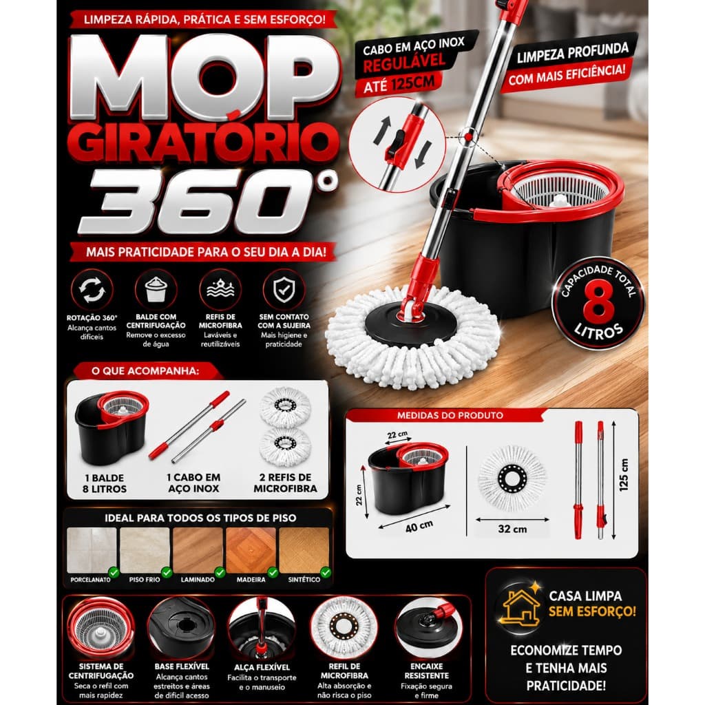 Mop Giratório 8L 360° Com Balde Esfregão Mágico Inox 2 Refis Microfibra