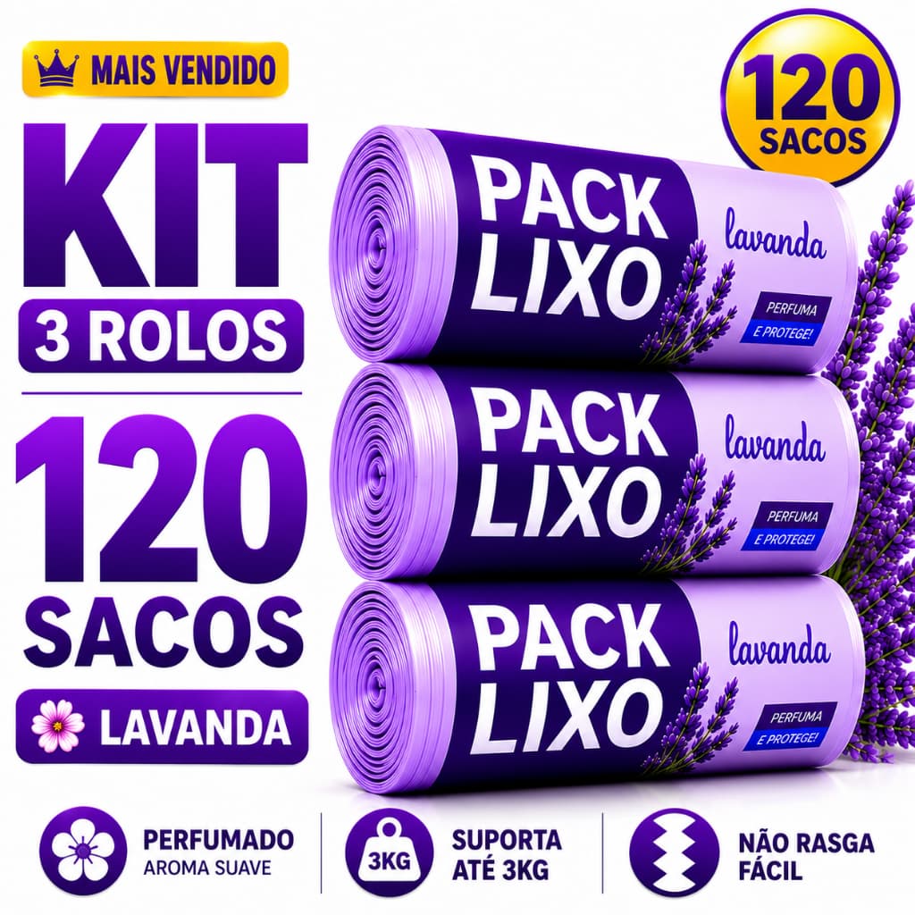 Kit 3 Rolos Sacos Lixo 10L Lavanda 120 Sacos Perfumados Resistentes Cozinha Banheiro Anti Odor