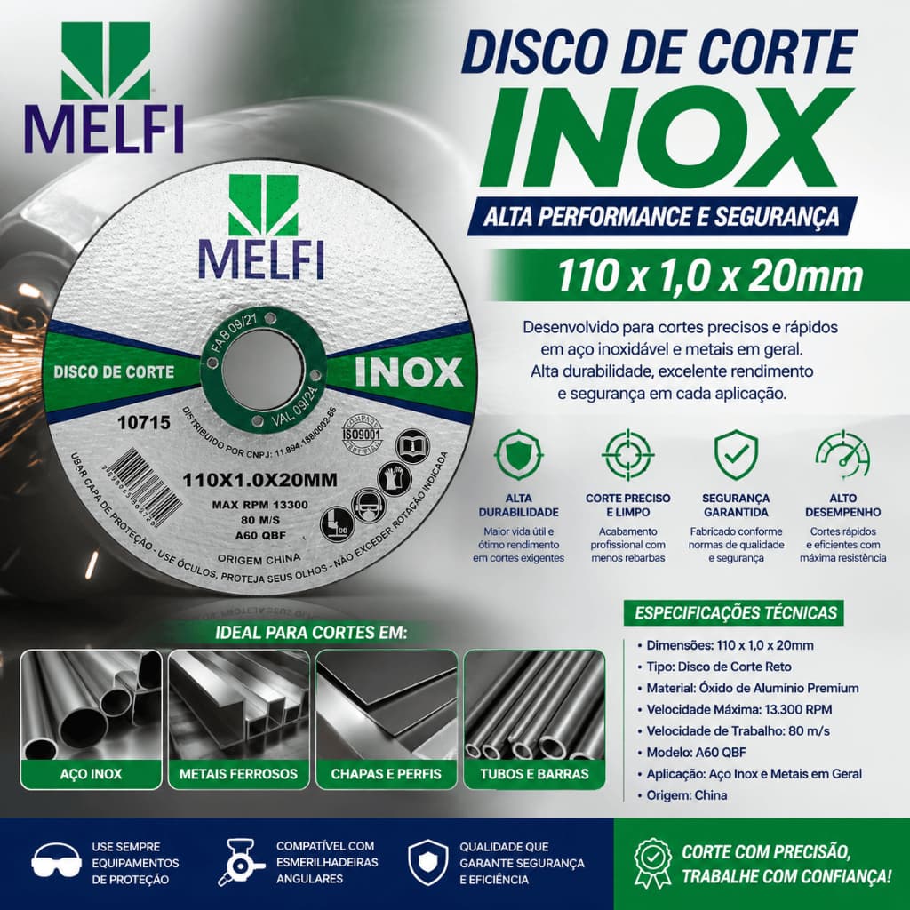 DISCO DE CORTE PARA INOX 110 X 1,0 X 20MM – MELFI | ALTO DESEMPENHO E CORTE PRECISO