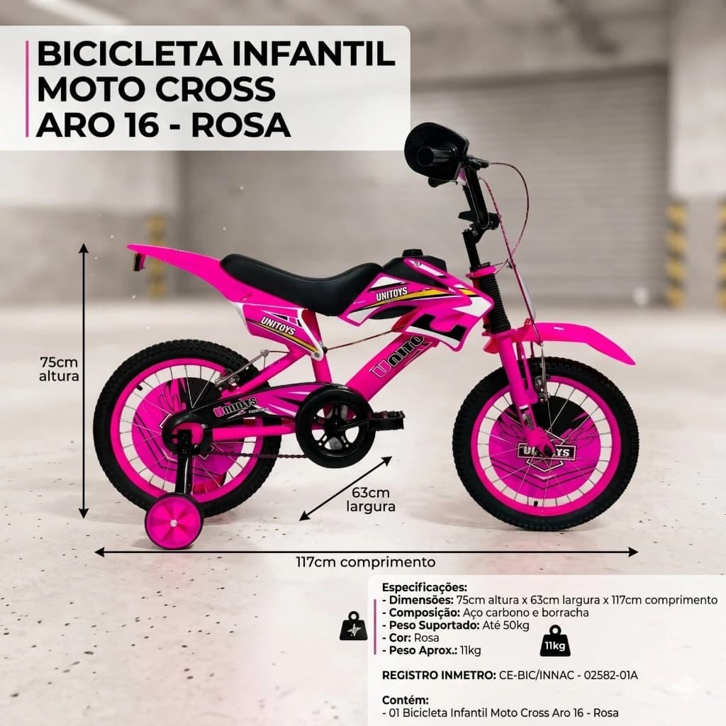 Bicicleta Infantil Resistente Moto Cross Aro 16 Rosa Vibrante Crianças