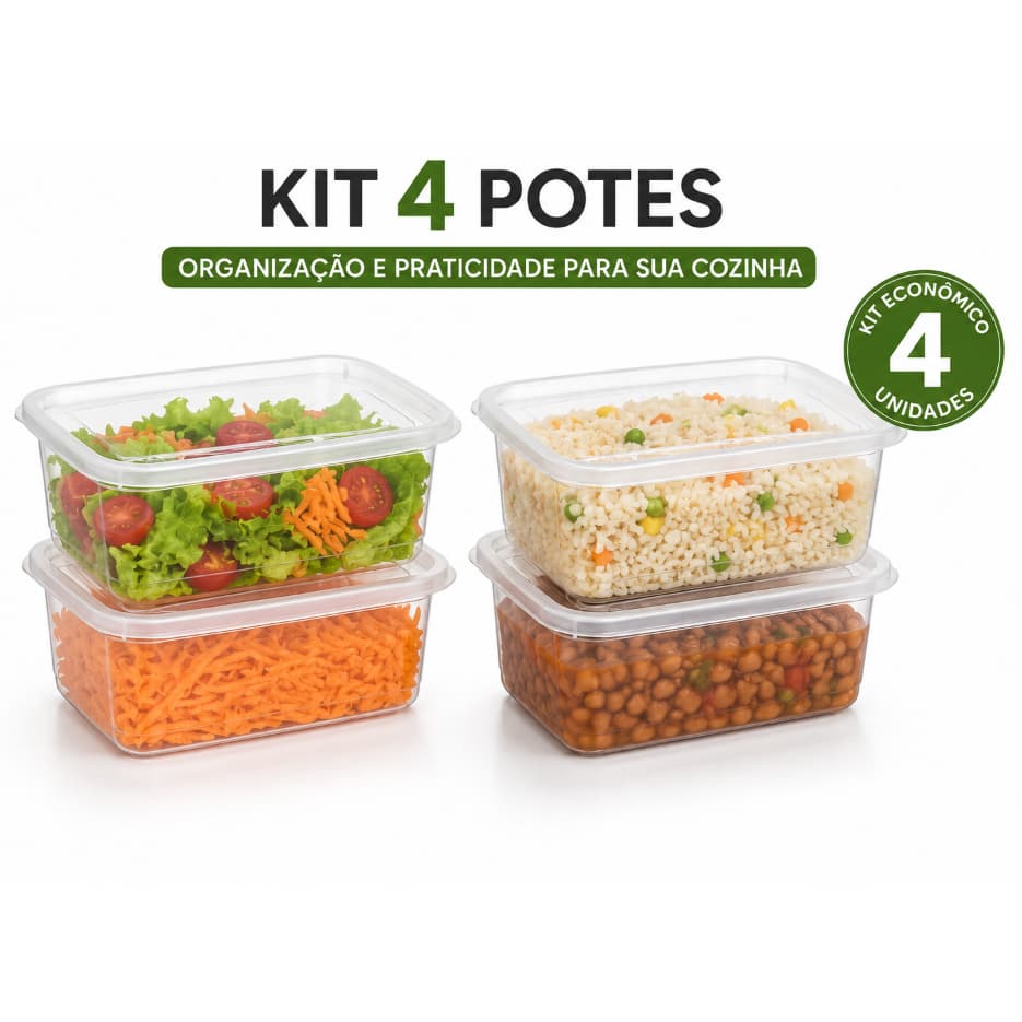 Kit 4 Potes Plásticos 1,2 Litros Com Tampa Transparente Organizador Cozinha Newlife