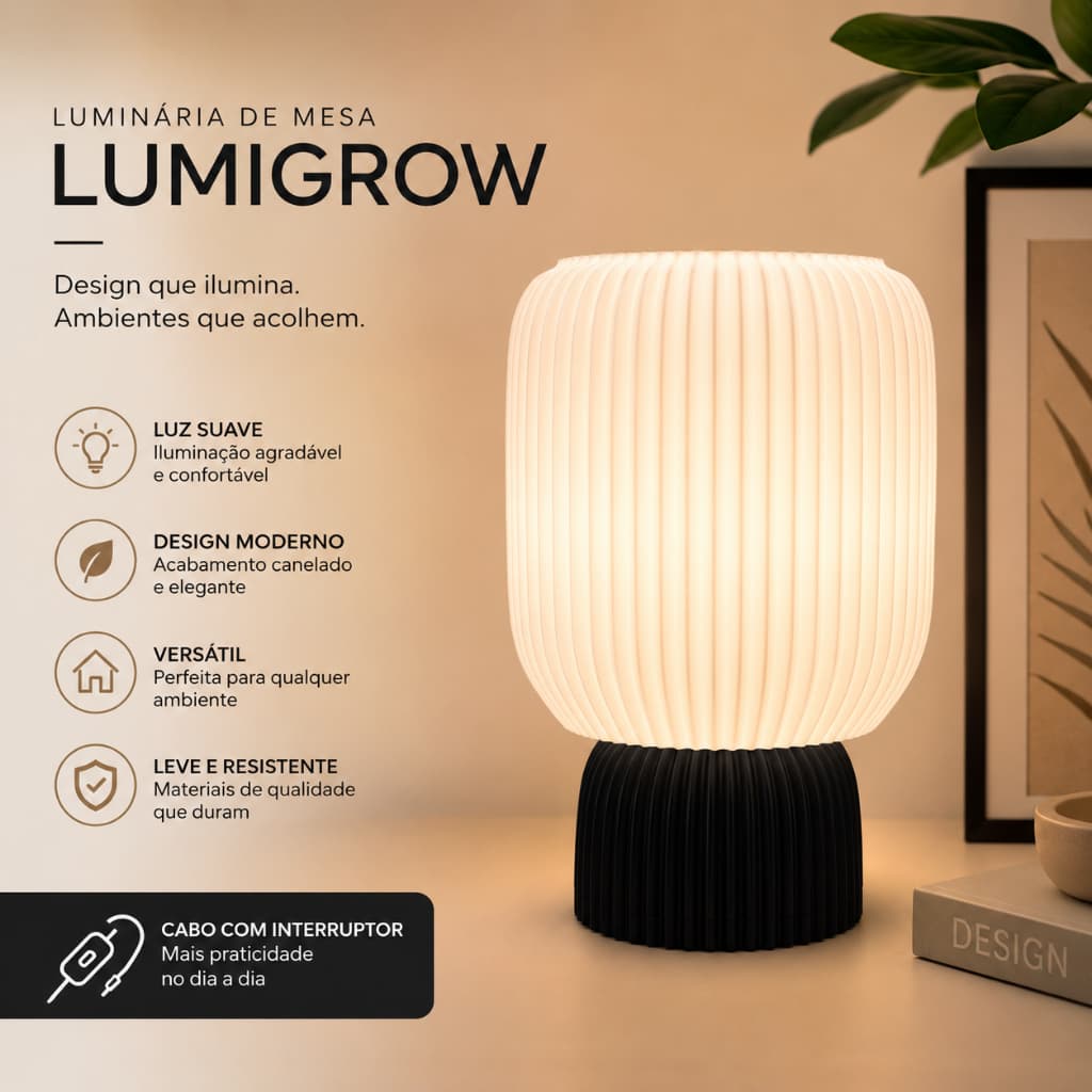 Luminária de Mesa Abajur Moderno LED Decorativo Bivolt Design Exclusivo para Quarto Sala Escritório