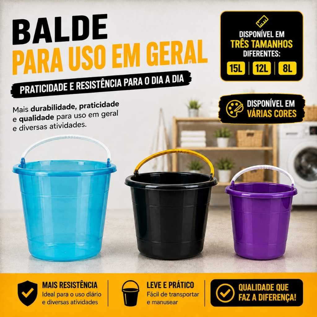 Balde Plástico 12 Litros Reforçado Multiuso Construção Limpeza Doméstico Graduação Interna Alça Reforçada