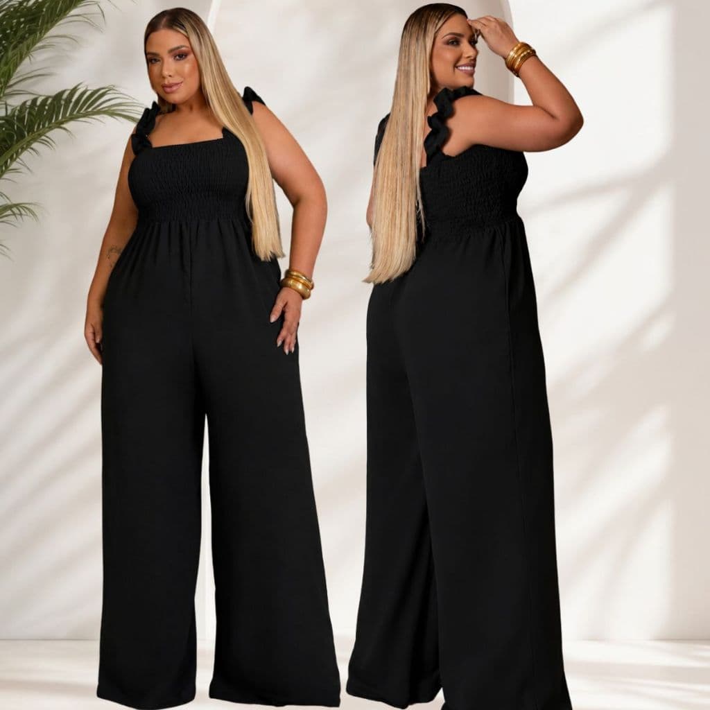 Macacão Longo Pantalona Plus Size Elegante e Confortavel Casual Moda Maior Chic Alça Franzida Caimento Leve.