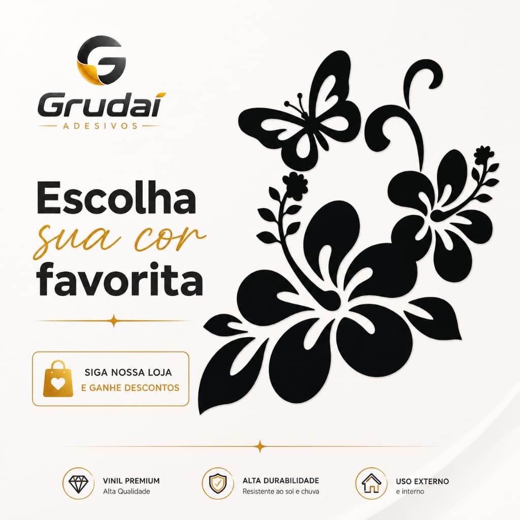 Adesivo Flores Lindas Borboleta Vinil Carro Moto 15x12 Corte Vazado Preto Branco Holográfico Premium