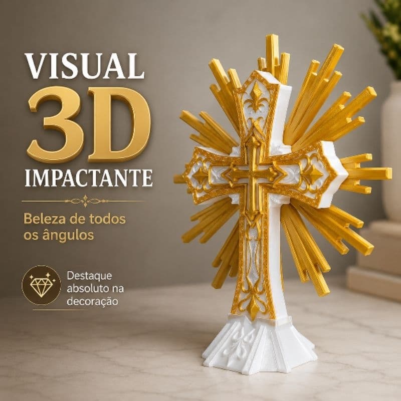 Cruz Decorativa 3D Dourada e Branca 20cm Para Altar Mesa Estante Presente Religioso Católico