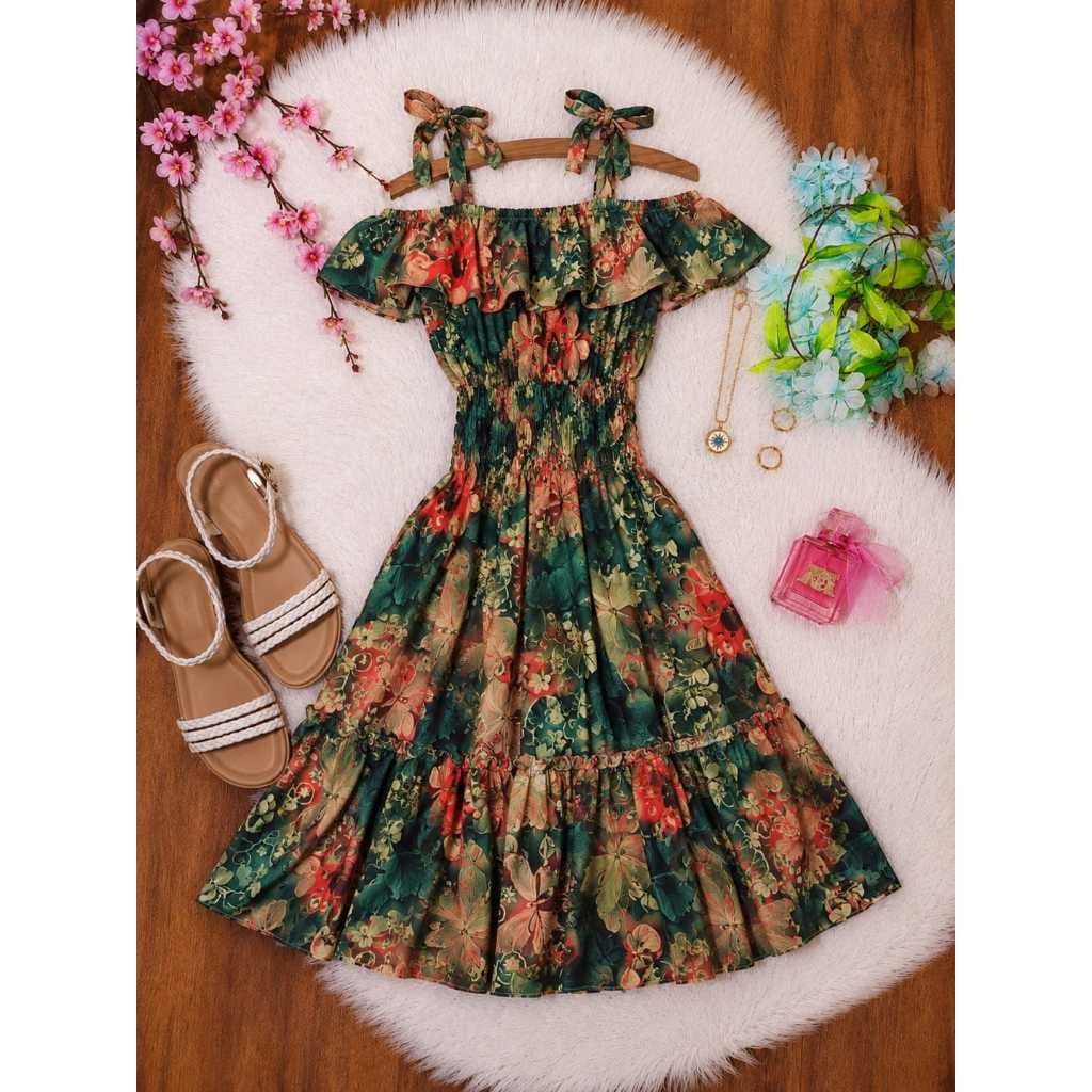 Vestido Infantil Juvenil Mídi Feminino Estampado Elegante Lastex em Cintura e Alcinhas Regulável