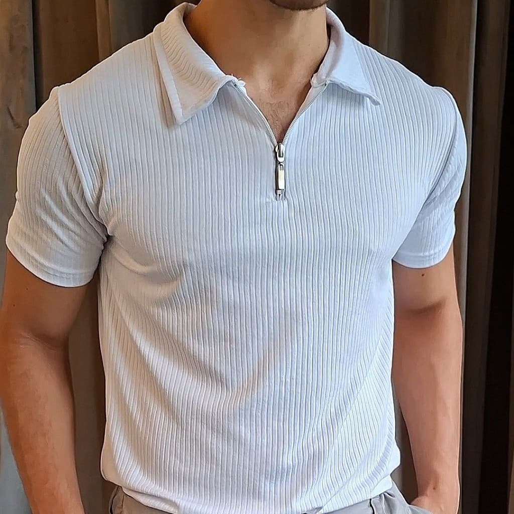 Camisa Polo Zíper Listrada Masculina Malha Canelada Premium  Italiana Camiseta Luxuosa
