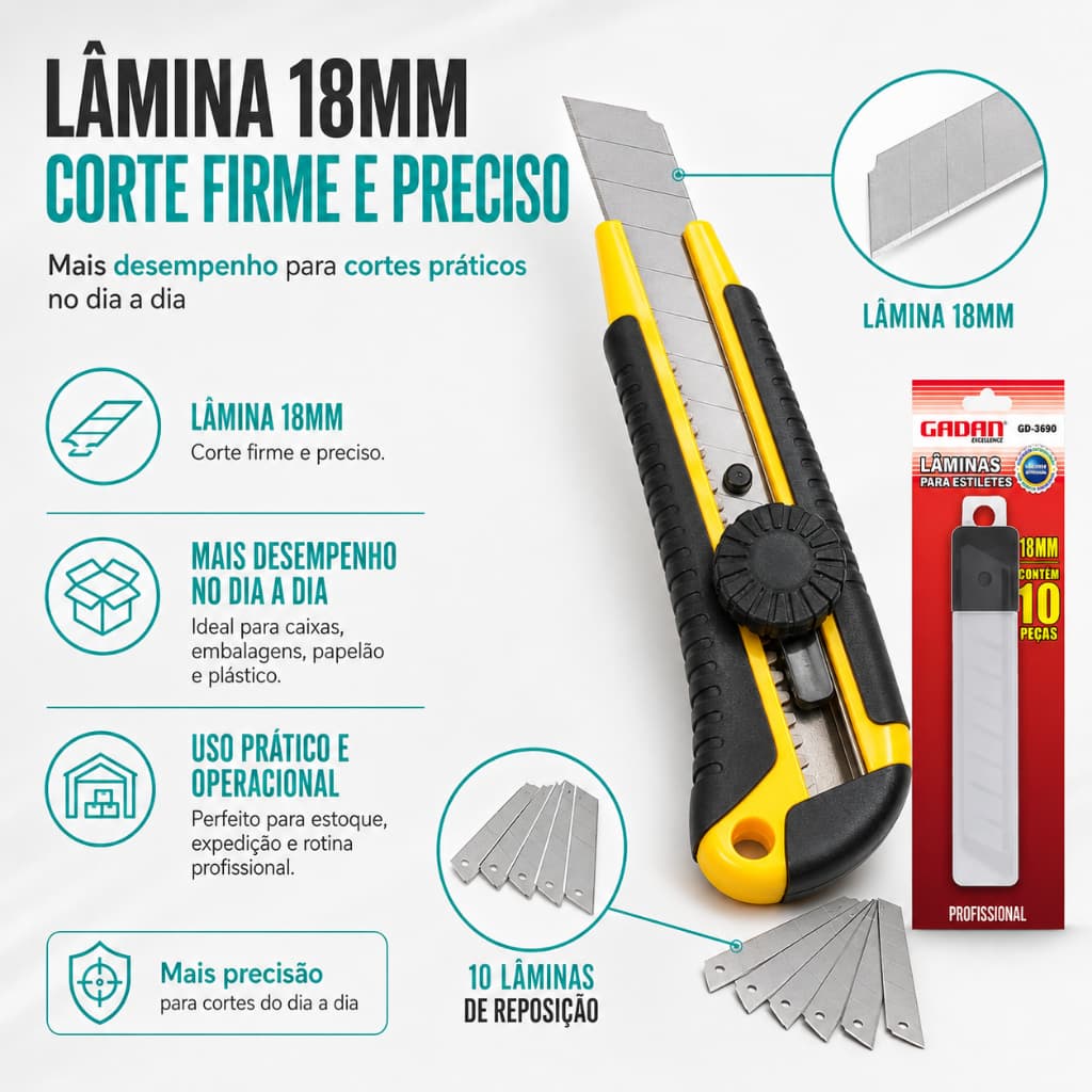 Kit Estilete Largo 18mm Emborrachado Com Trava Para Artesanato + 10 Lâminas