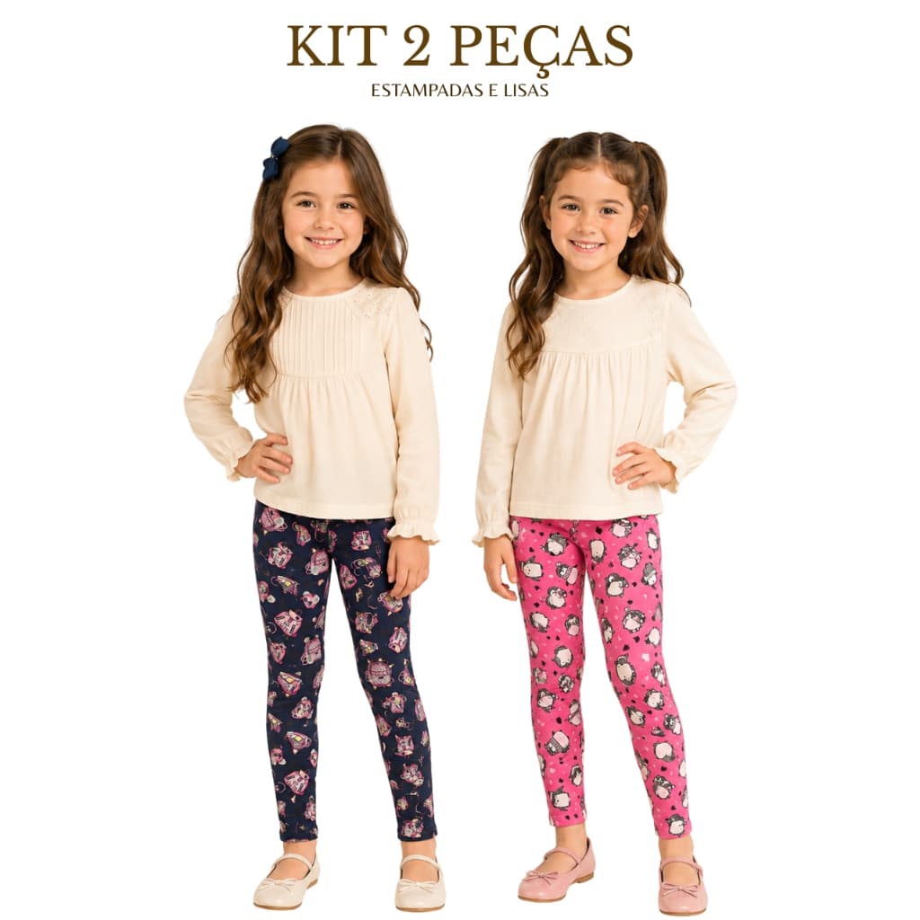 Kit 2 Calças Legging Infantil Menina Cotton Algodão Estampada Lisa Escolar Juvenil 4 a 8 Anos