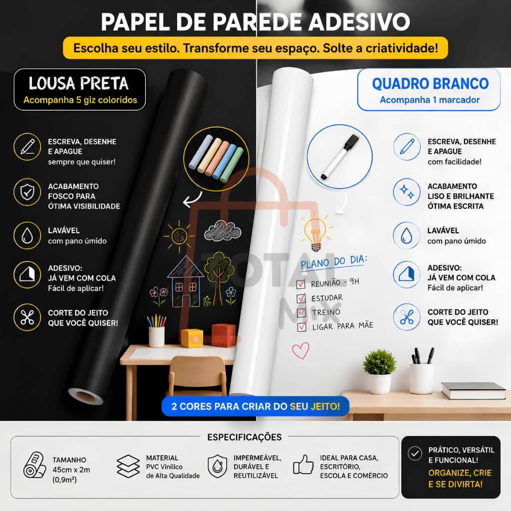 Papel de Parede Adesivo Lousa Preta / Branca 2m x 45cm Escrevível Apagável PVC C/ Giz / Marcador