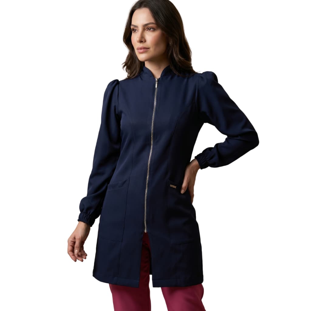 Jaleco Feminino Azul Marinho Acinturado Manga Princesa Gabardine Premim Jaleco Art