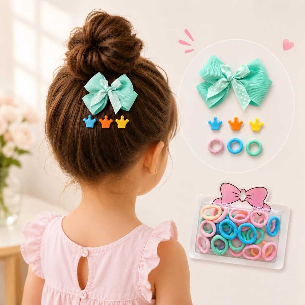 Kit Laço Infantil de Cabelo Menina + 3 Presilhas Coroa + 25 Elásticos Colorido Acessórios de Cabelo