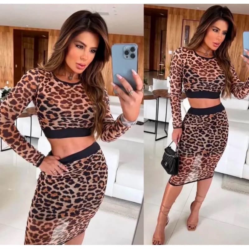 Conjunto Feminino Cropped + Saia Midi Animal Print