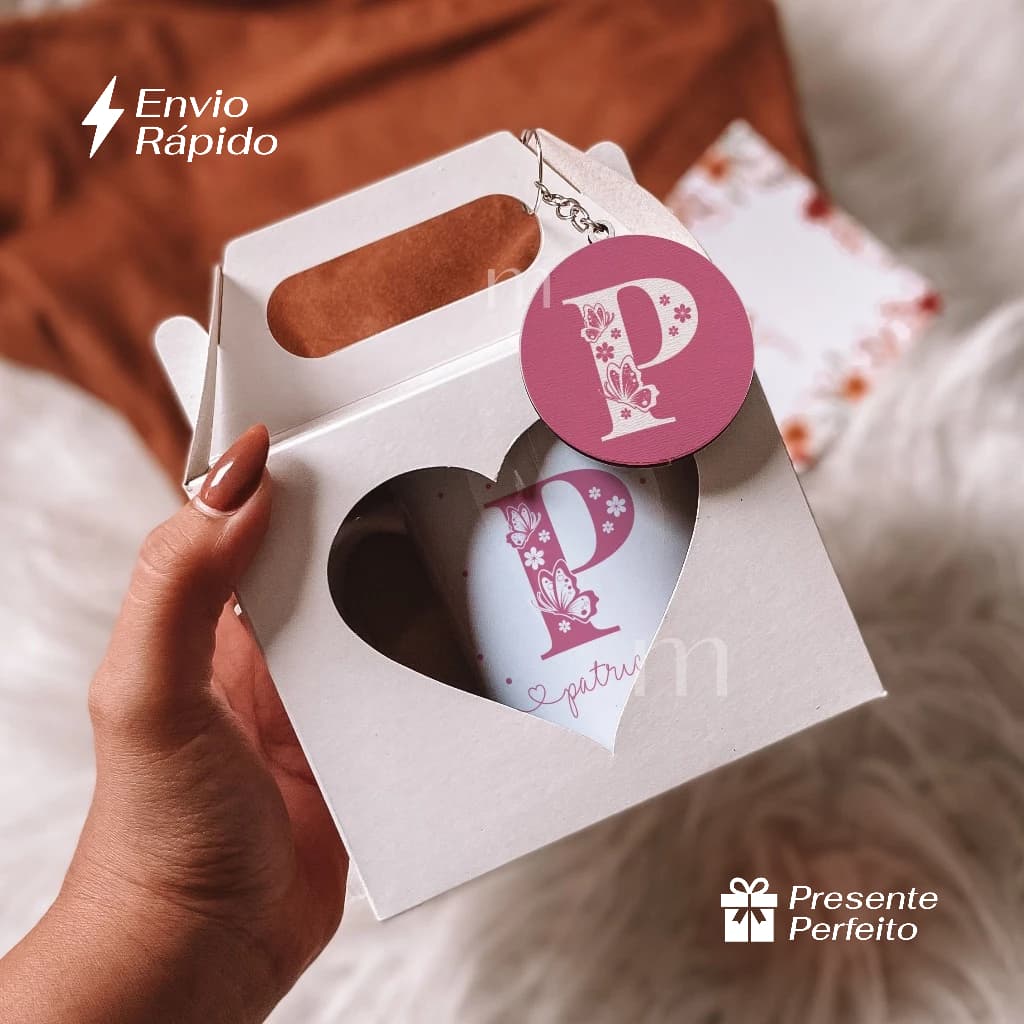 Presente feminino criativo, Caneca personalizada com nome + chaveiro e caixa presente, presente para amiga