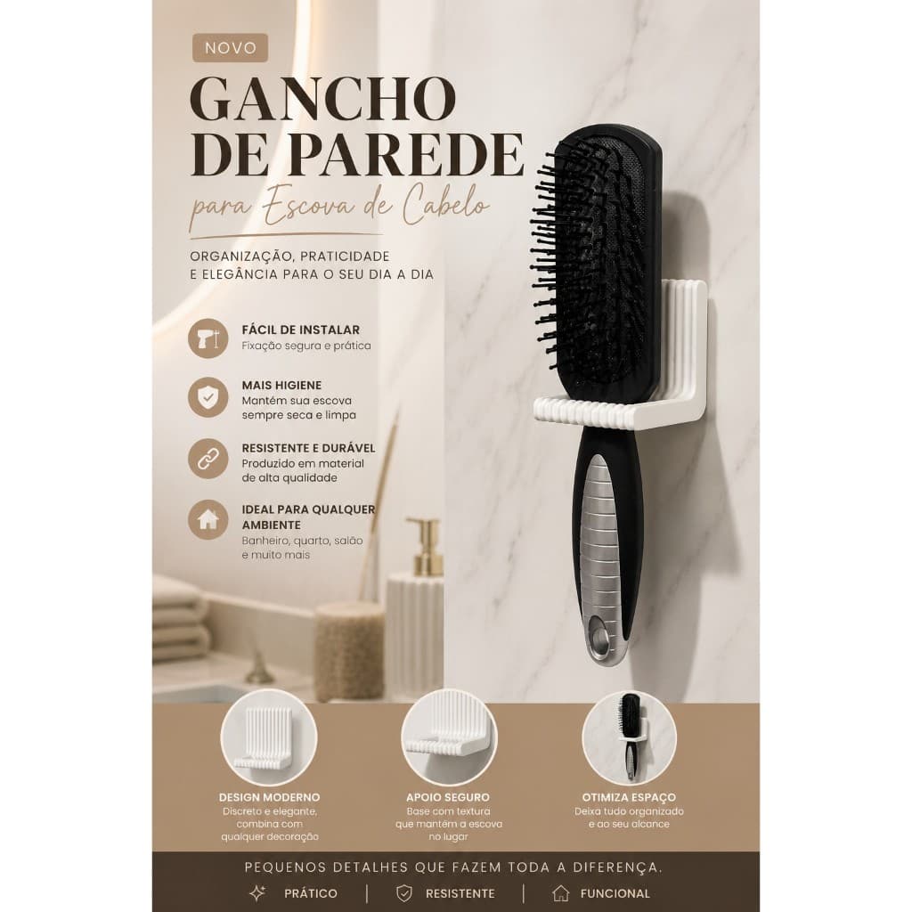 Suporte de Parede para Escova de Cabelo Organizador com Fita Dupla Face