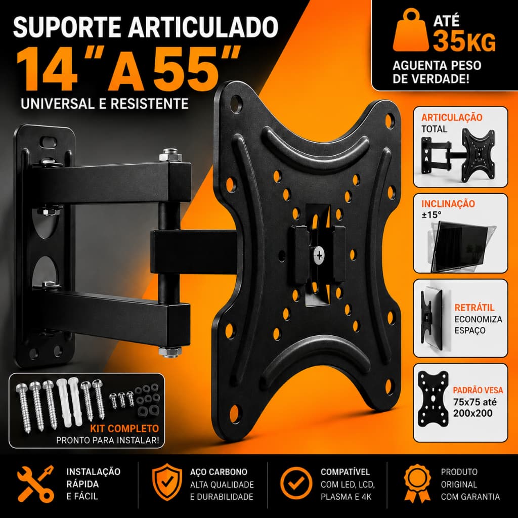 Suporte Articulado TV 14 a 55 Polegadas Retrátil Inclinação ±15° Universal VESA 75x75 a 200x200 Até 35kg Resistente