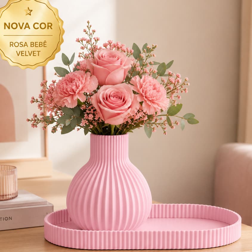 Kit Vaso Decorativo com Bandeja Moderna Minimalista Canelada Sala Mesa Escritorio Aparador