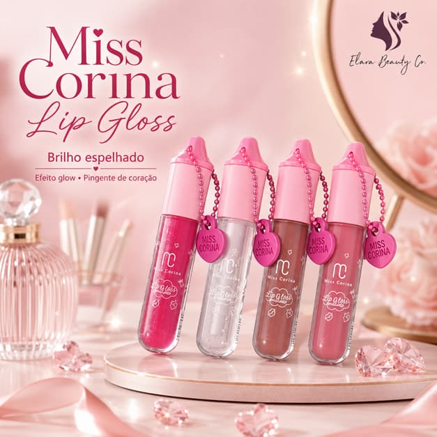 Lip Gloss Miss Corina Brilho Espelhado Efeito Glow Gloss Labial Hidratante Com Pingente de Coração Maquiagem Fofa