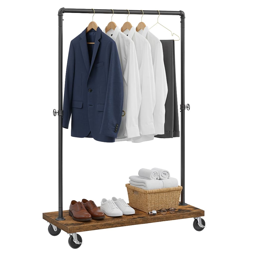 SONGMICS Arara de Roupas Industrial com Prateleira de Armazenamento, Cabideiro Metálico para Quarto, 80 kg, Marrom