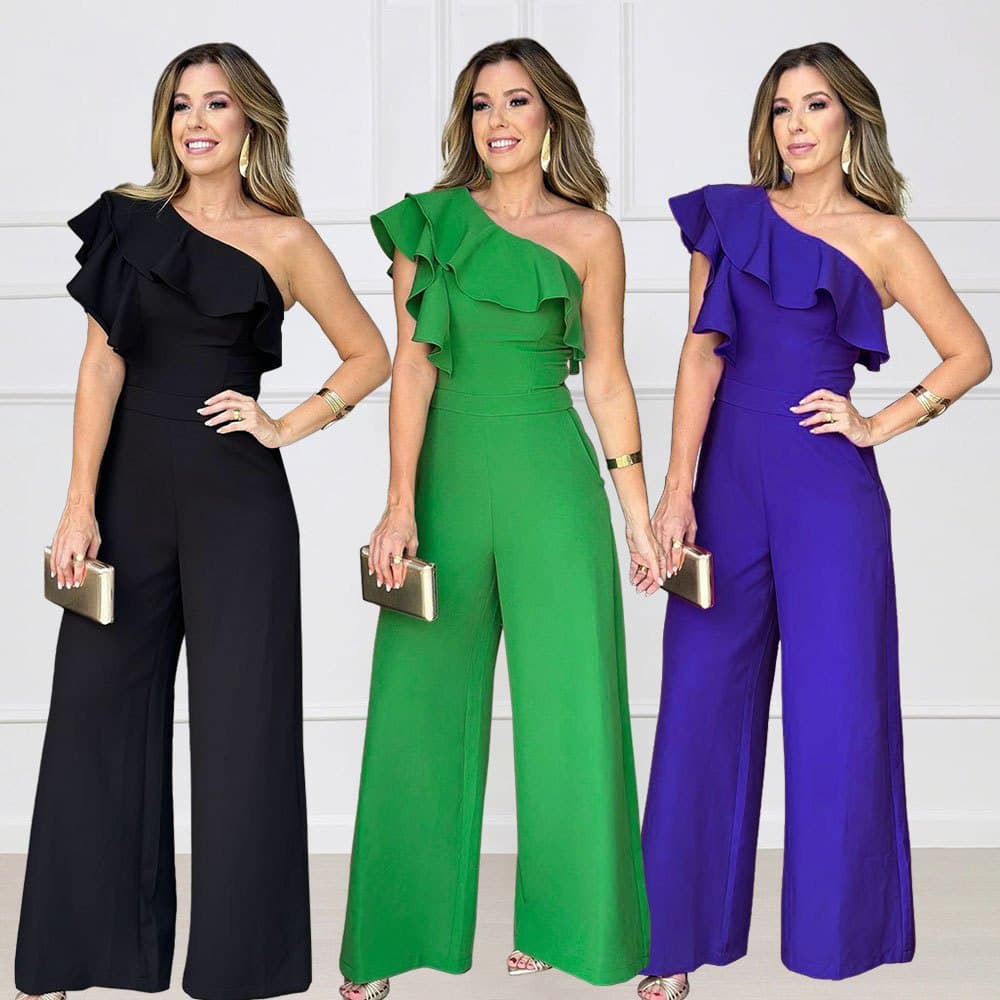 Macacão Feminino Elegante de Ombro Único com Babados e Cintura Alta para Festas e Eventos