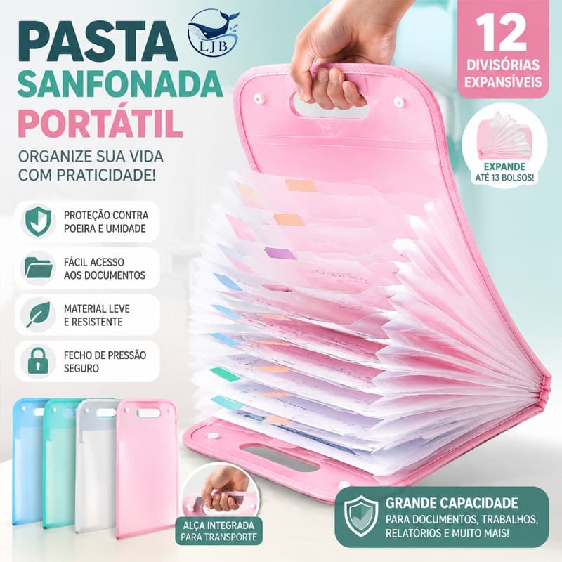Pasta Sanfonada A4 com 12 Divisórias e Elástico Organizador de Documentos para Escritório e Escola XK-KK-6715-1