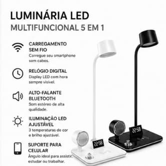 Luminária LED Da Mesa Multifuncional com Carregador Sem Fio Relógio Digital Alto-Falante Bluetooth Luz de Mesa Touch USB