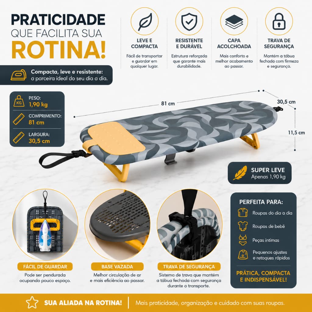 Tabua de passar roupa mesa portátil retrátil articulada moderna compacta fácil de usar e guardar exclusivo não queima GS