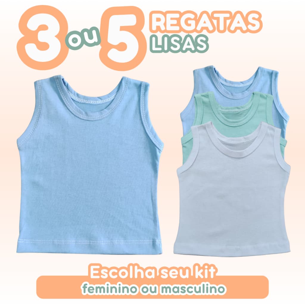 Kit 3 ou 5 Regatas Bebê 100% Algodão Blusa Malha Lisa Leve Verão Calor Feminino Masculino Menino Menina Zuraffa Baby