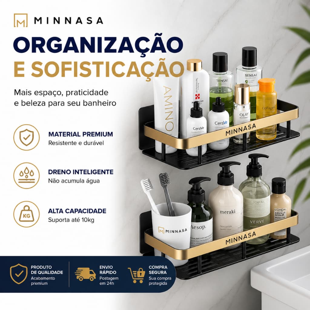 Kit 2/4 Suporte Shampoo Multiuso Banheiro Cozinha Aluminio Sem Furo Antiferrugem-Kit Instalação