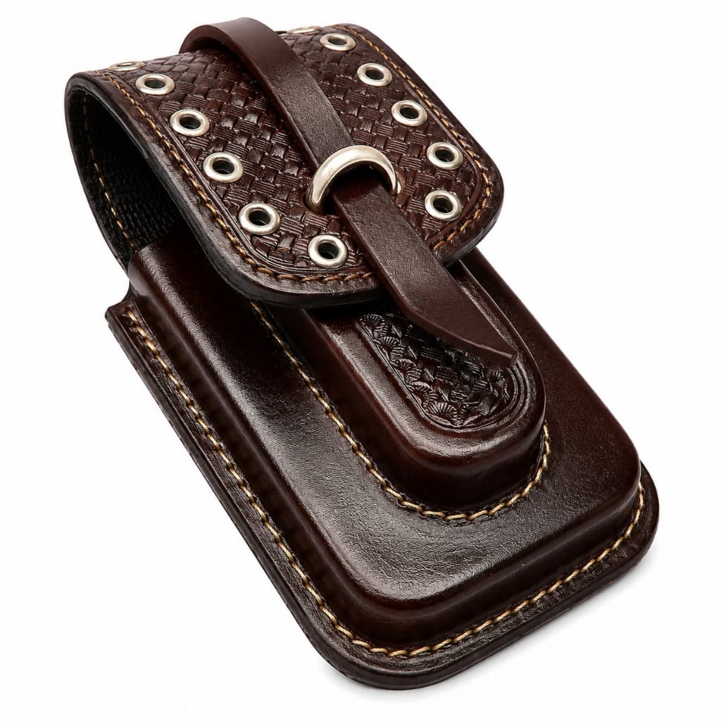 Capa Para Celular Couro Legítimo Forrada Bordada Com Viróla e Lhós (Café)