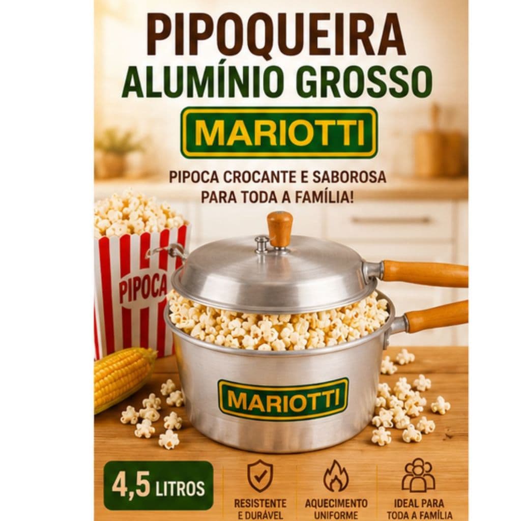 Pipoqueira Alumínio Grosso Mariotti 4,5L com Mexedor Manual 22cm Panela de Pipoca