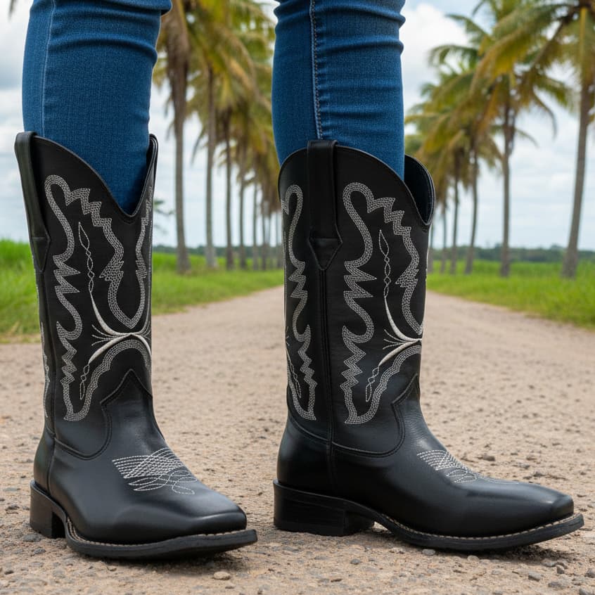 Bota Texana Montaria Feminina Marrom E Preta Bordada Elegante E Confortável