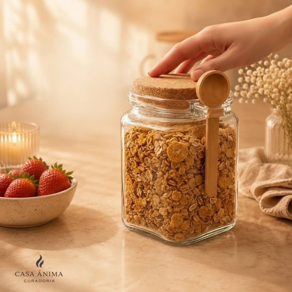 Porta Mantimento Cozinha de Vidro Quadrado Com Colher de Bambu e Tampa de Cortiça 830ml Pote Hermético de Cozinha