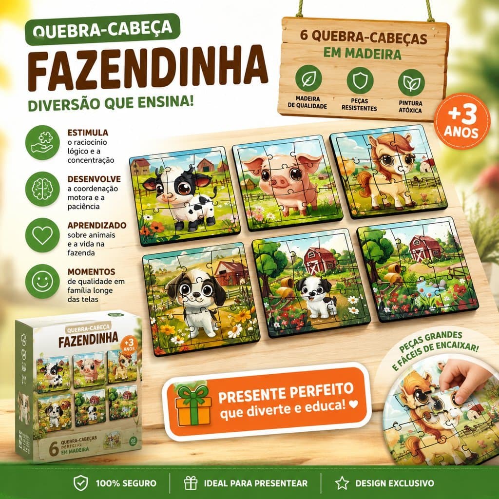 Kit 6 Quebra Cabeça Mdf 9 Peças Jogo pedagógico Fazenda Animais