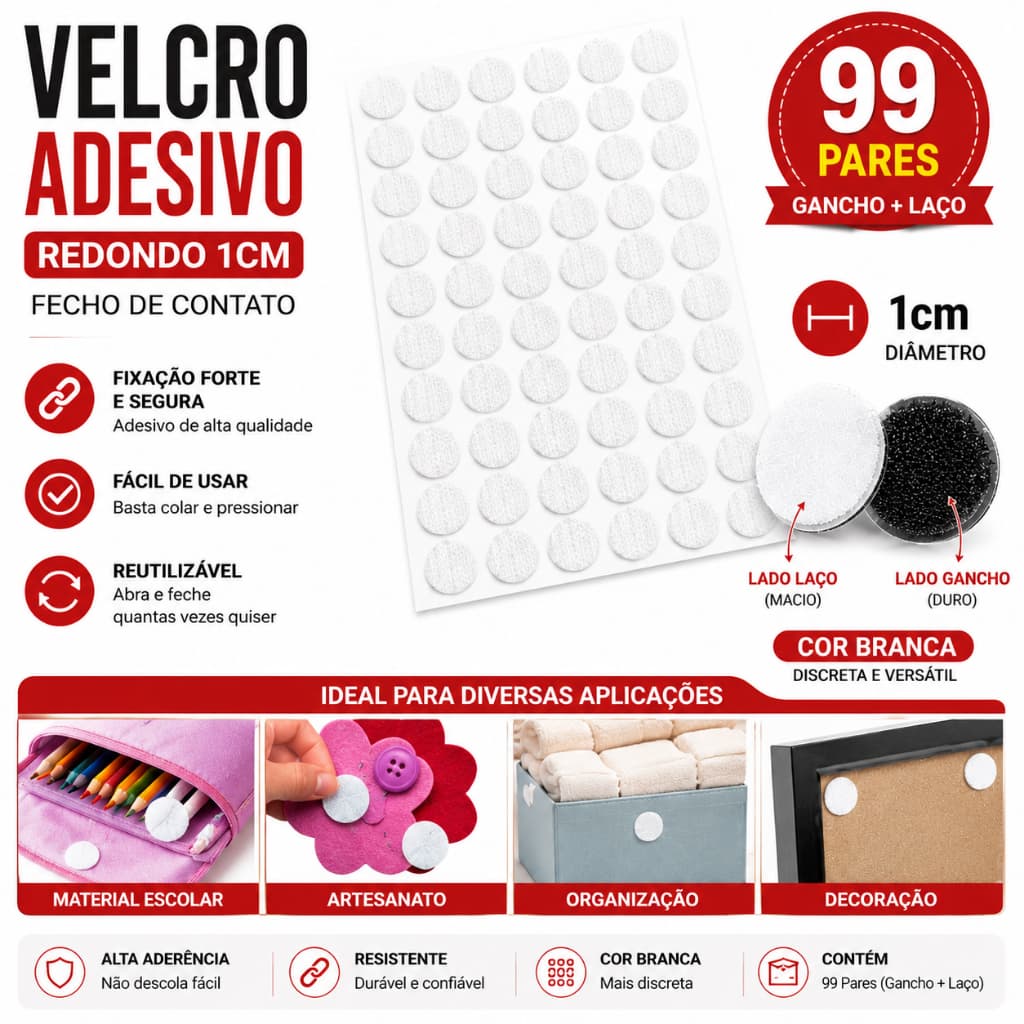 99 Pares Velcro Adesivo Redondo 1cm Fecho de Contato para Artesanato e Papelaria