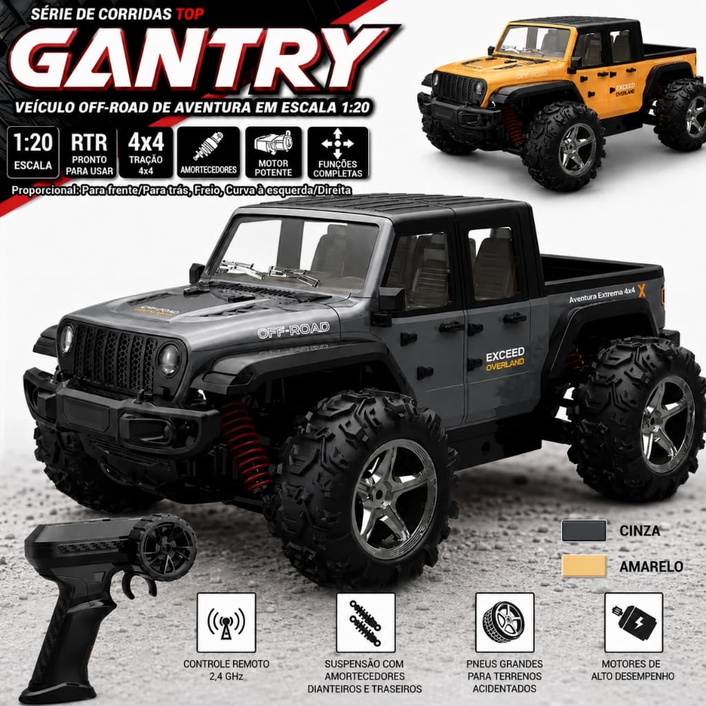 Carro Controle Remoto 4x4 Alta Velocidade 35km/h Off-Road 2.4G com Luz LED Brinquedo RC Profissional