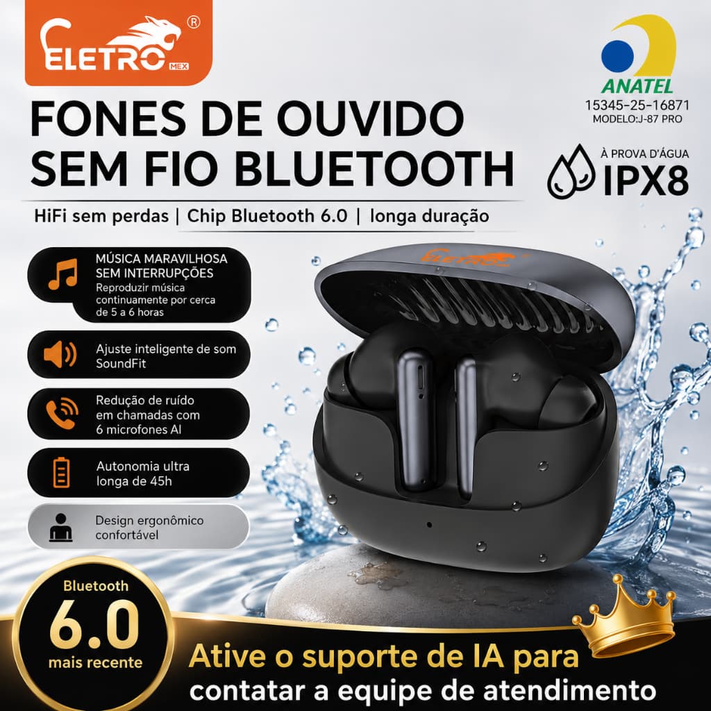 Eletromex J87 PRO Fone de Ouvido Bluetooth 6.0 TWS Sem Fio com Estojo de Carregamento e Microfone