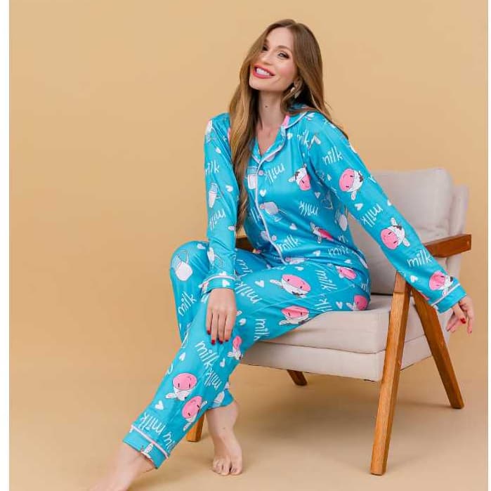 Pijama Feminino Americano Manga Longa Abertura Frontal Botões Calça Comprida Estampado Suede LF039