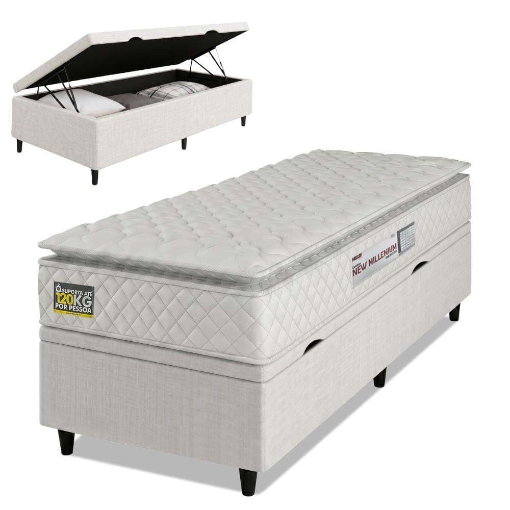 Cama Box Baú Solteiro Colchão Espuma D33 Pillow Top New Millenium 88x188x60cm Branco Hellen