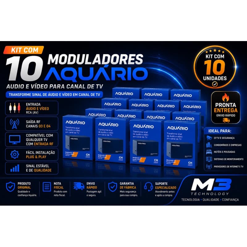 Kit 10 Moduladores Aquário MOD-001 Áudio e Vídeo RCA para Canal de TV RF CH 3 e 4 Original