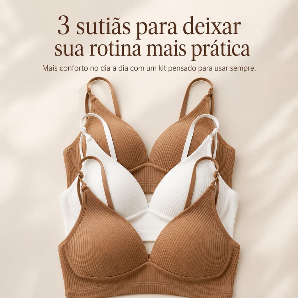 Kit 3 Sutiã Canelado Bojo Soft Sem Aro Top Conforto Reforçado Alça Ajustável Poliéster