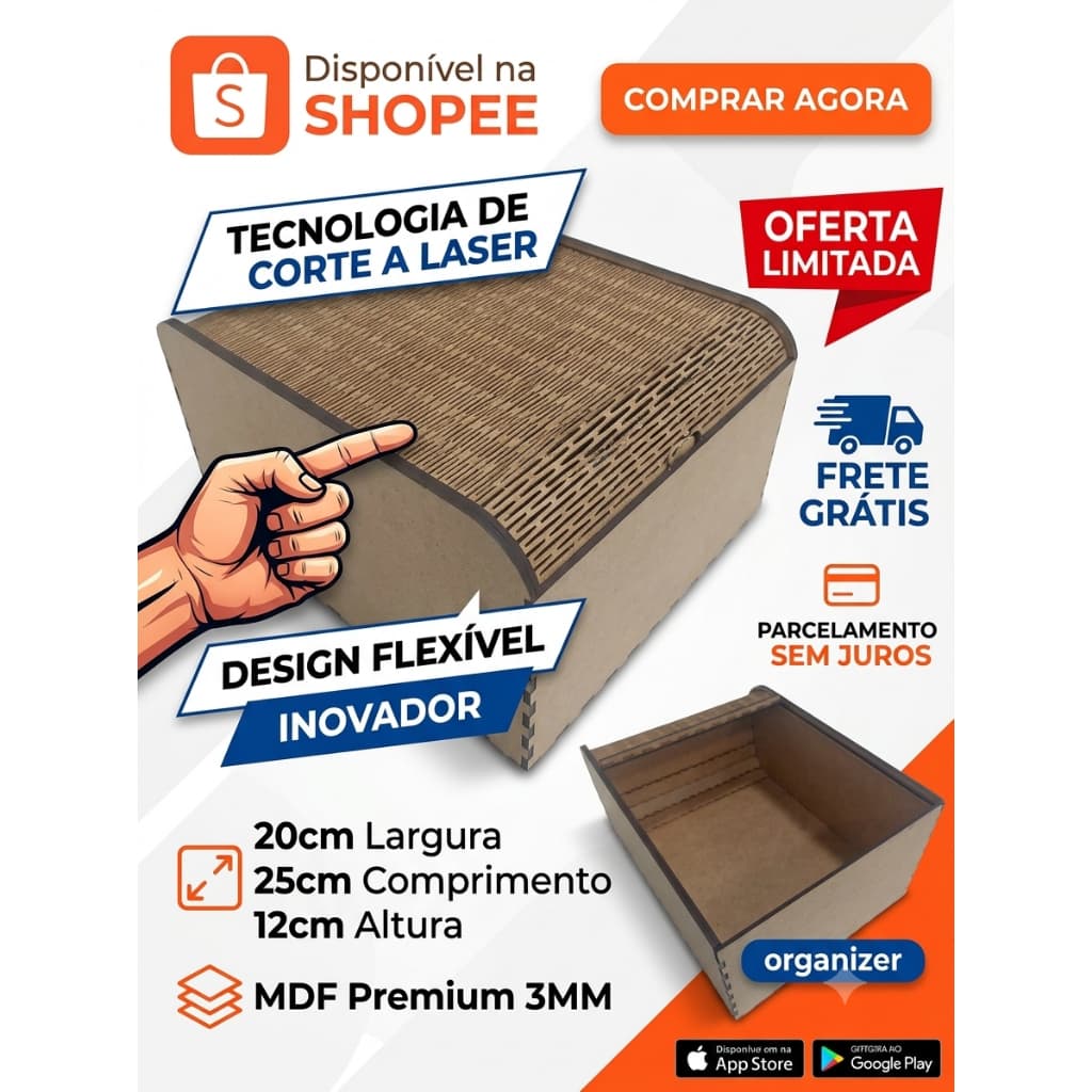 Caixa Organizadora Premium em MDF 3mm com Tampa Flexível Articulada