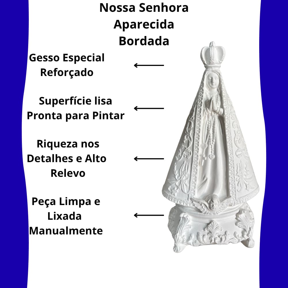 Imagem Nossa Senhora Aparecida Manto Bordado 22 cm Gesso Cru