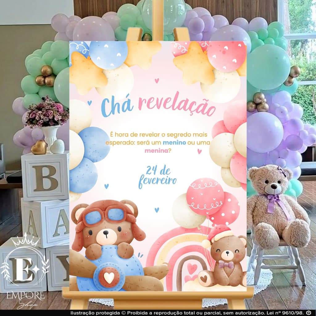 Quadro Placa Decorativa Chá Revelação Urso Avião Balões Personalizado com Nomes
