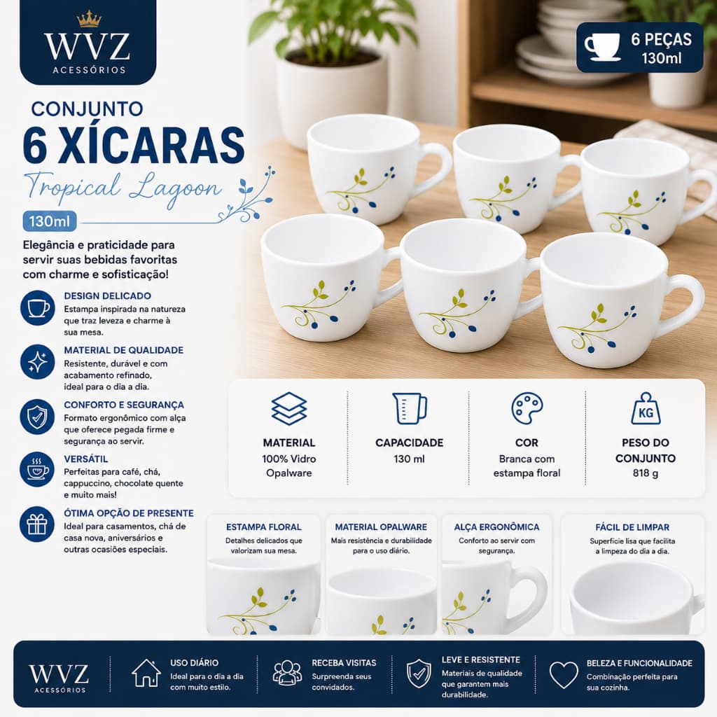 Kit 6 Xícaras Fratelli 130ml Vidro Opalino Café Chá Casa Escritório Estampa Floral Branca Elegante