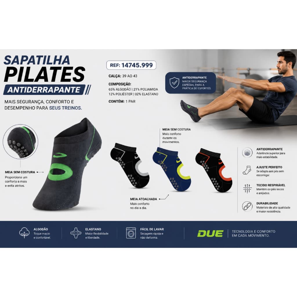 Meia Pilates Antiderrapante Masculina - 04 Cores - Kit 1 Par