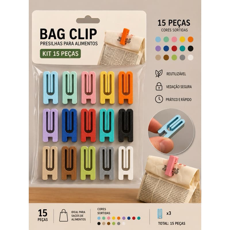 Kit 15 Presilhas para Fechar Embalagens de Alimentos | Bag Clip Reutilizável