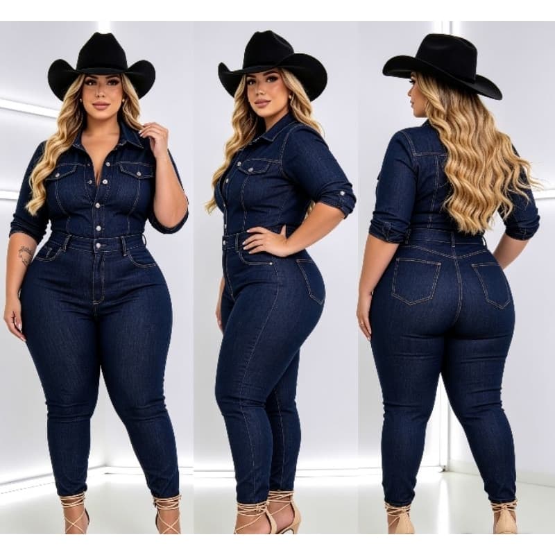Macacão Plus Size Longo Jeans Feminino Manga 3/4 Princesa luxuosa com Laycra tam 52
